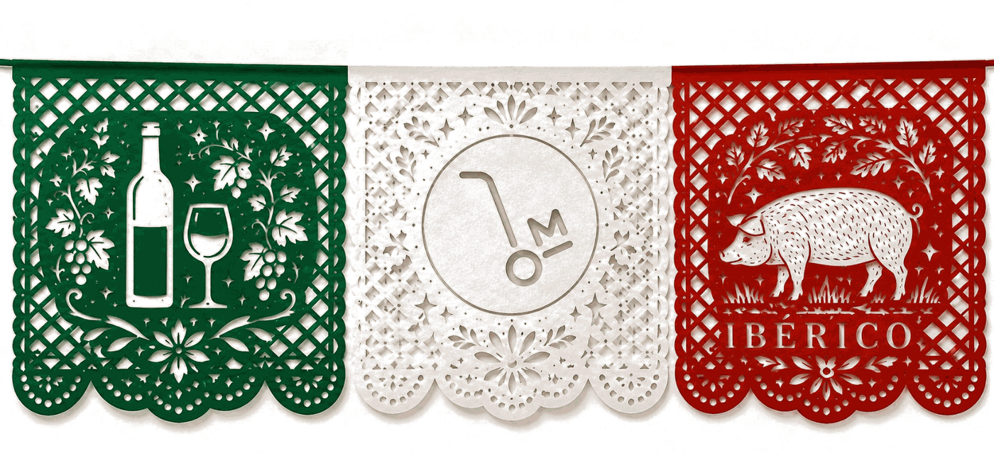 Papel picado Open Market — vino, diablito e ibérico