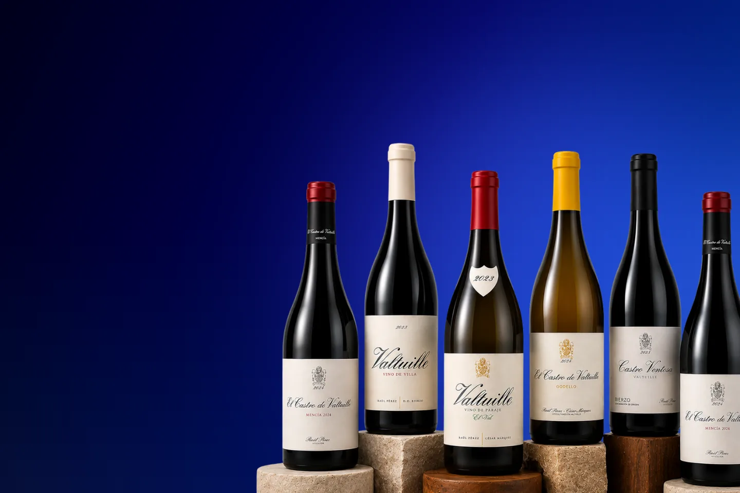Selección de botellas de vino de bodegas importadas sobre fondo azul marino