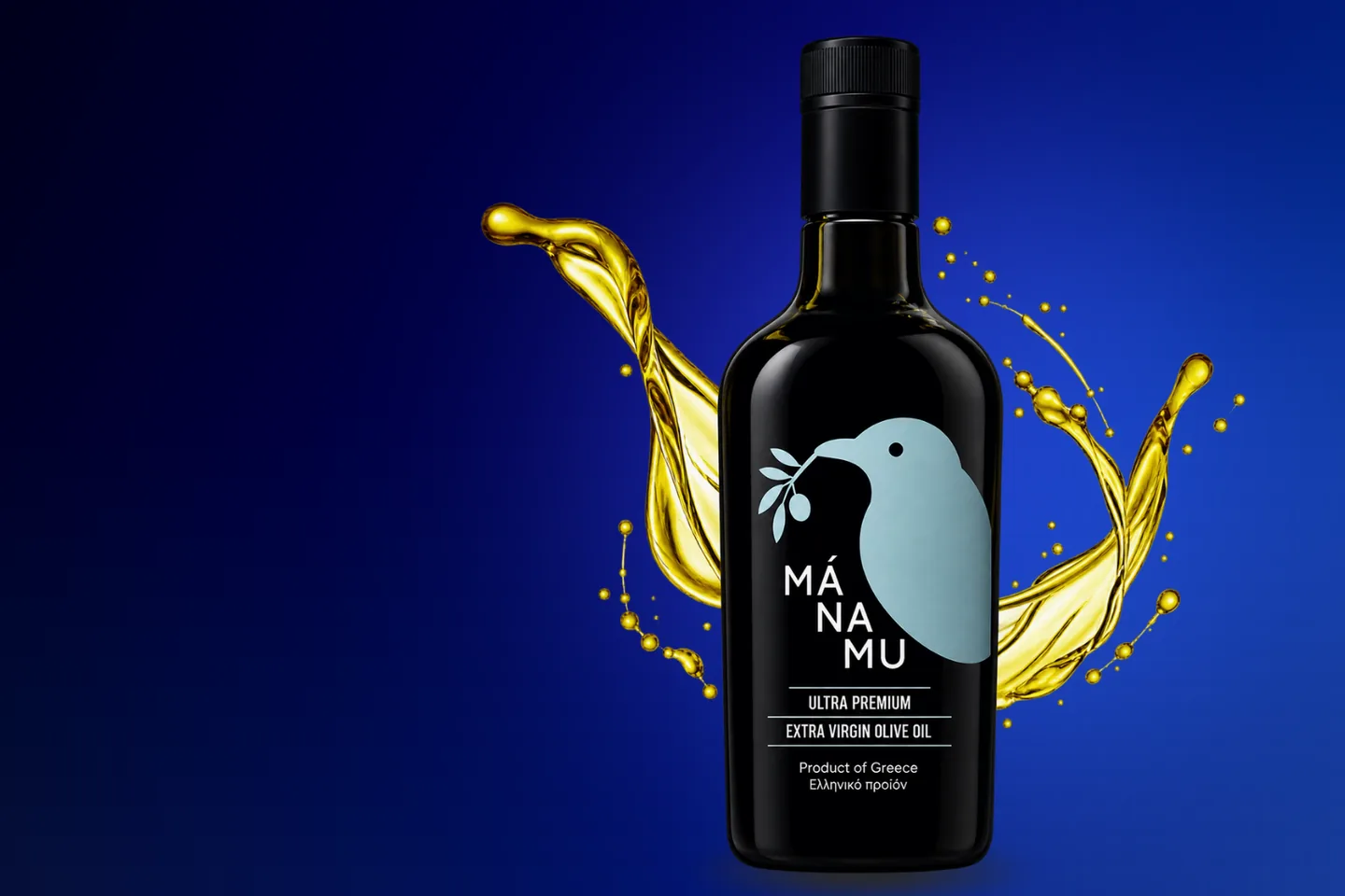 Botella de aceite de oliva Mánamu con splash dorado