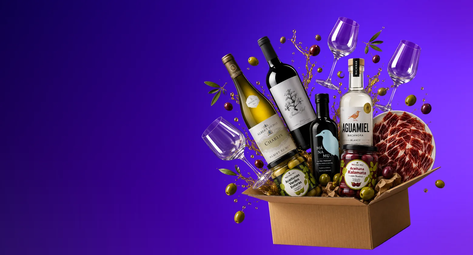 Caja de entrega OpenMarket desbordante de vinos, aceite y productos gourmet