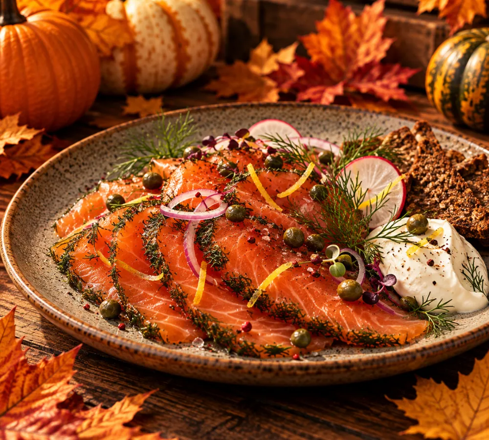 Láminas de salmón gravlax con eneldo, alcaparras y rábano sobre una mesa de otoño