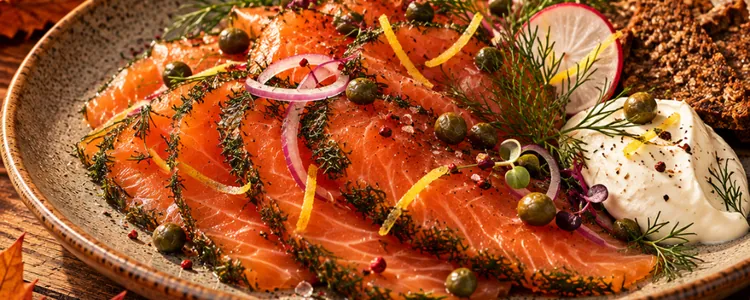 Láminas de salmón gravlax con eneldo y alcaparras