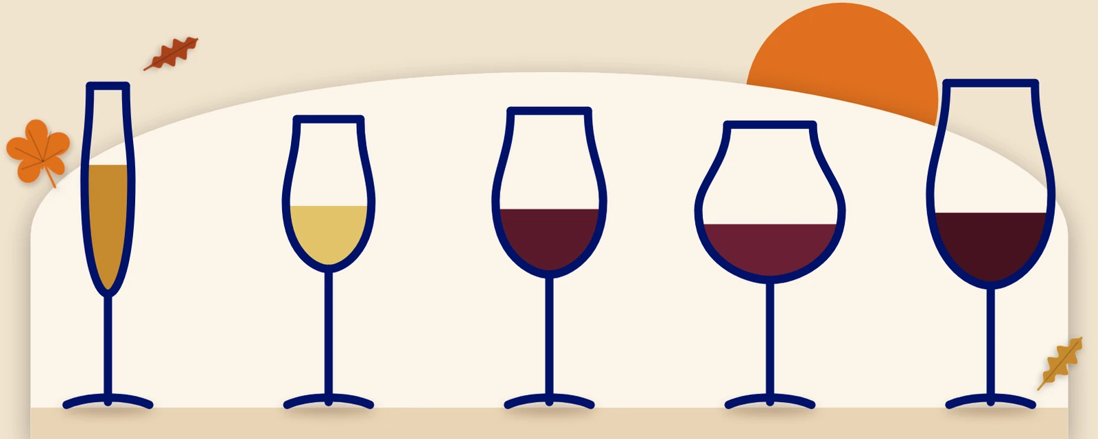 Cinco copas: flauta, blanco, tinto, Burgundy y Bordeaux