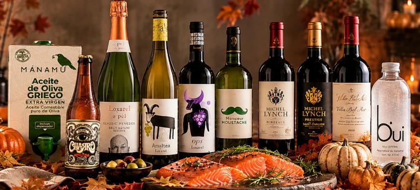 Aceite Mánamu, cerveza Charro, vinos Loxarel y Michel Lynch, agua Bui y salmón sobre una mesa de otoño
