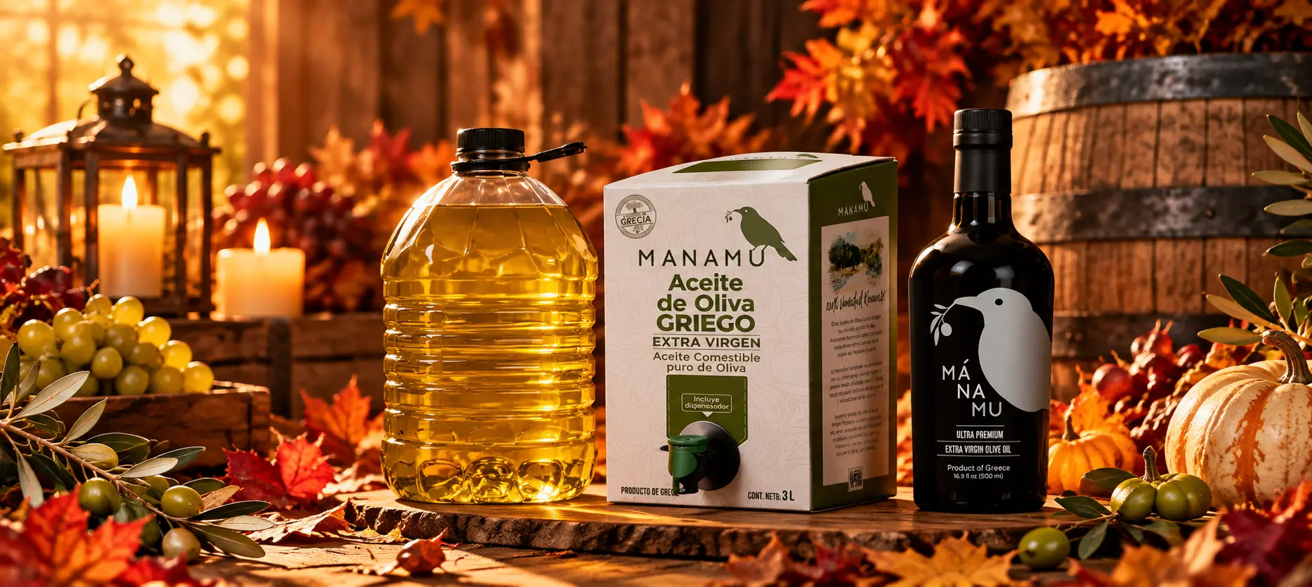 Bote de 5 L, Bag-in-Box de 3 L y botella de aceite de oliva Mánamu sobre una mesa de otoño