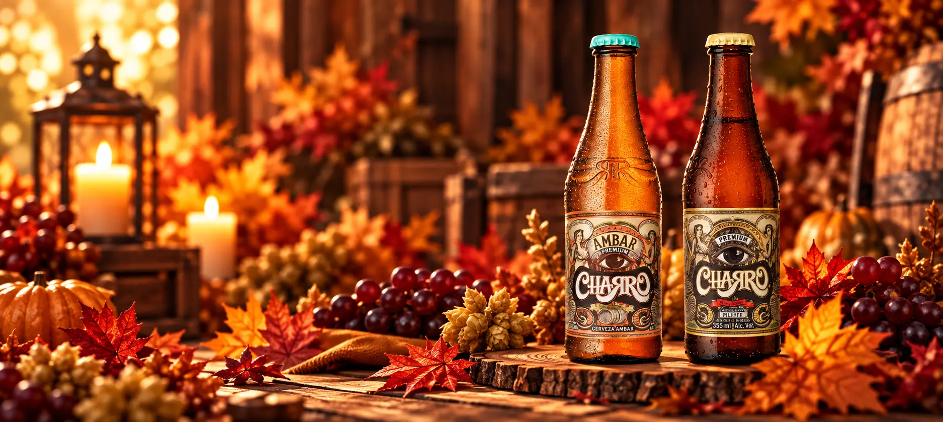 Botellas de cerveza Charro Ámbar y Pilsner sobre una mesa de otoño