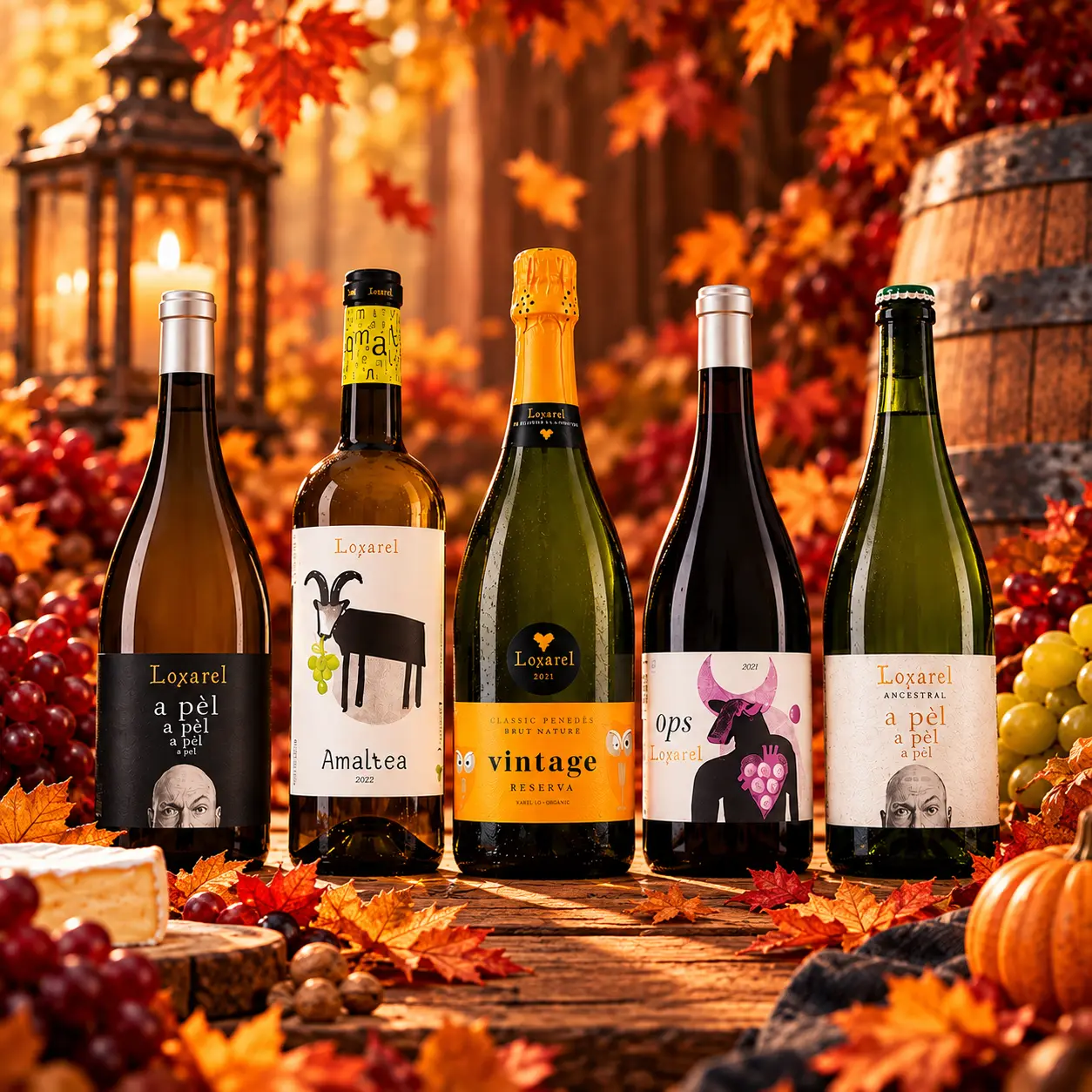 Cinco botellas de vino Loxarel sobre una mesa de otoño con uvas y hojas secas