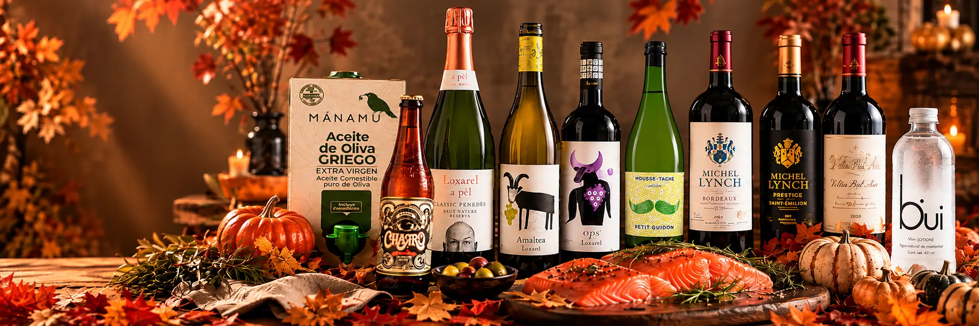 Productos del Mes de octubre: aceite Mánamu, cerveza Charro, vinos Loxarel, Michel Lynch y Mousse-Tache, agua Bui y salmón sobre una mesa de otoño