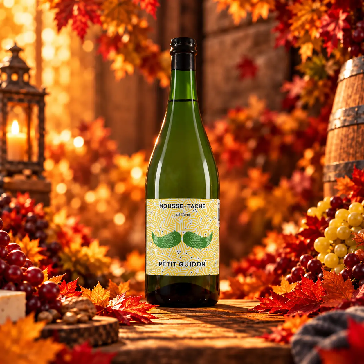 Botella de Mousse-Tache sobre una mesa de otoño con uvas y hojas secas