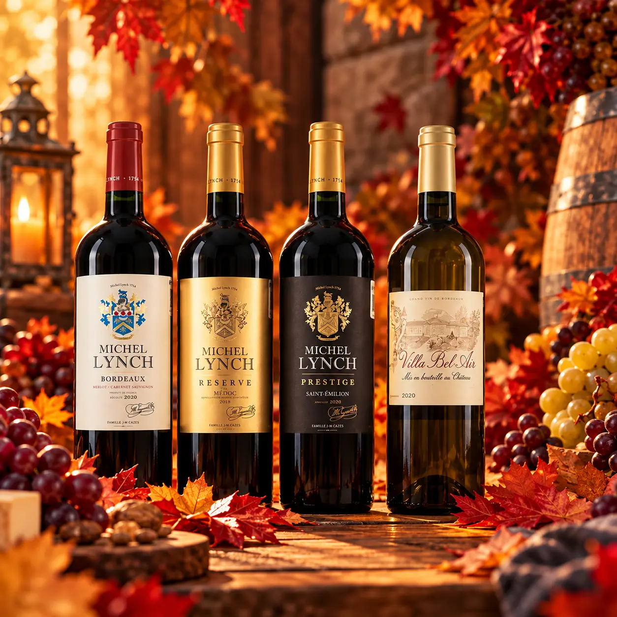 Botellas de vino Michel Lynch y Villa Bel-Air sobre una mesa de otoño con uvas