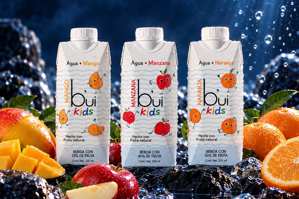 Tres empaques de Bui Kids, de mango, manzana y naranja, con fruta fresca